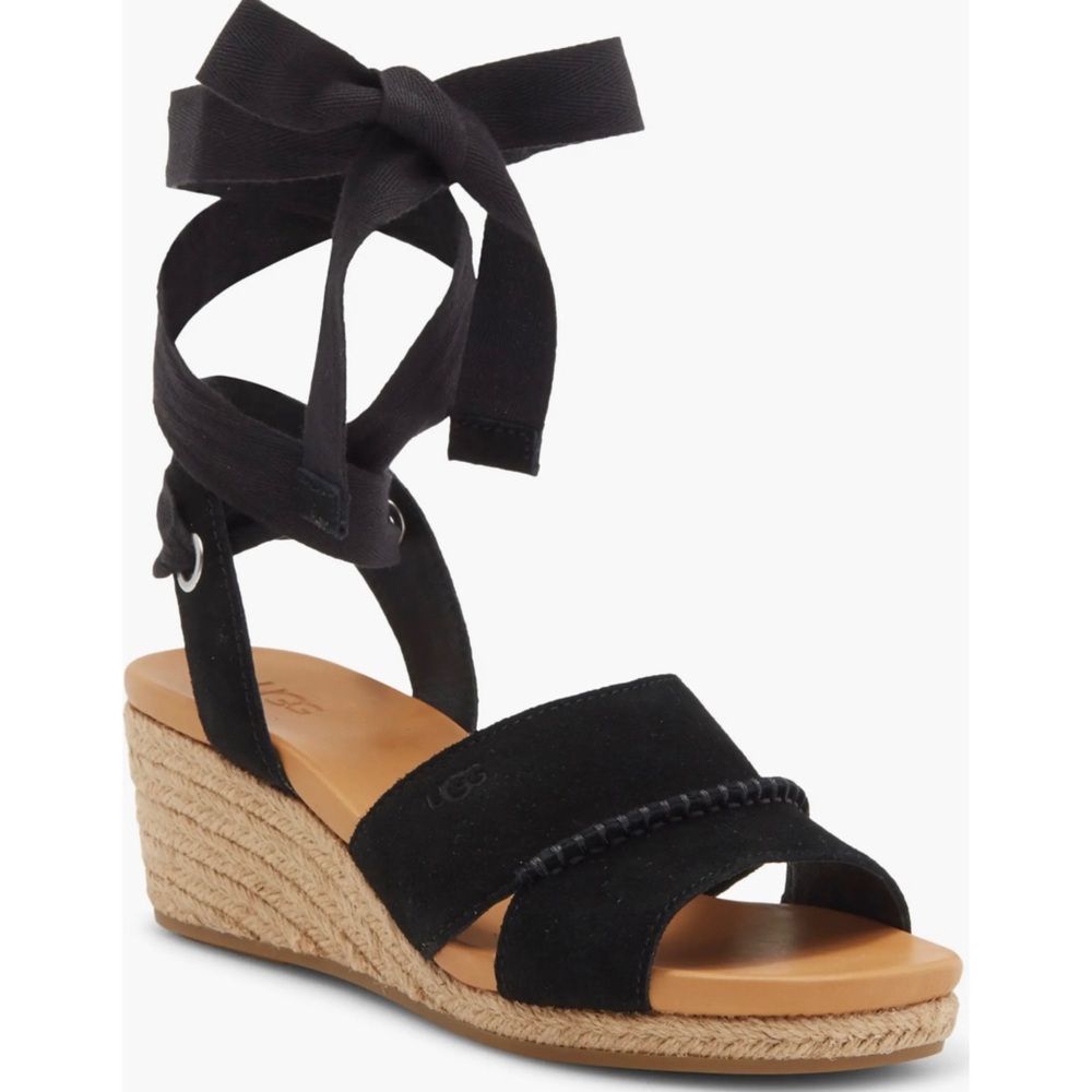 UGG Taia Ankle Tie Wedge Sandal Black Suede Size 8.5